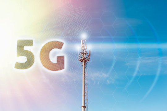 5g telecommunications antenna on a clear blue sky with a chip image. Copy space. Concept of communication, technologies and telecommunications