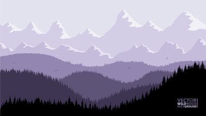 Tranquil backdrop, pine forests, mountains in the background. purple lilac tones, flying birds. Reflection and glare from the sun on the mountain tops.
