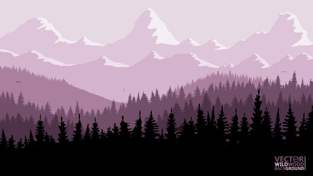 Tranquil backdrop, pine forests, mountains in the background. purple pink tones, flying birds. Reflection and glare from the sun on the mountain tops.