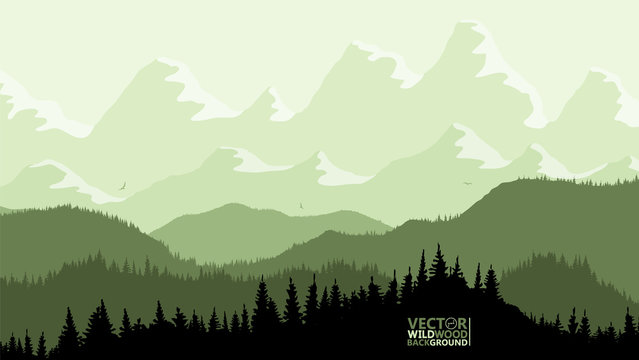 Tranquil backdrop, pine forests, mountains in the background. light green lemon tones, flying birds. Reflection and glare from the sun on the mountain tops.