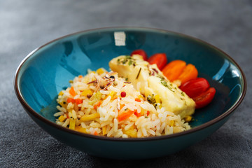 Fillet of cod, rice and leek fondue