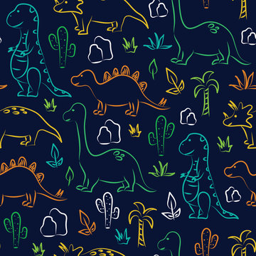Cute dinosaur print on navy background. Seamless pattern Vector. Tyrannosaurus, brontosaurus, stegosaurus, triceratops, palm tree and cactus. © sziszigraphics