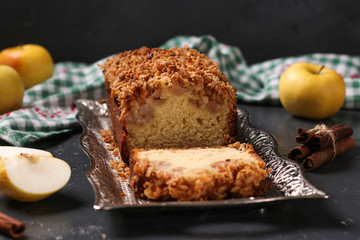 Homemade cupcake with oatmeal, apples and crunchy cereals oatmeal on a metal tray on a dark background