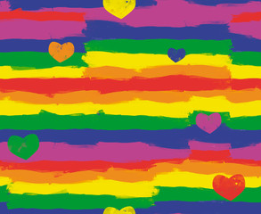 Colorful design of a seamless rapport with the colors of the lgbtq flag movement, with random hearts over.