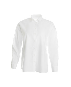 Elegant shirt on mannequin against white background. Stylish clothes
