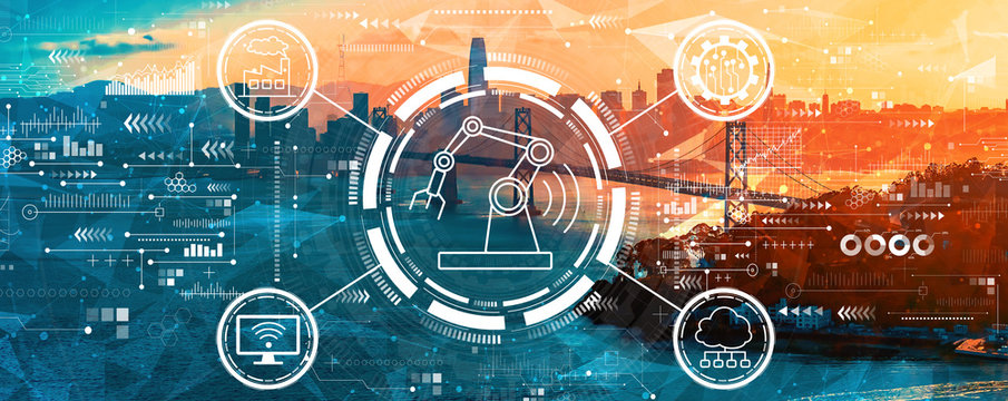 Smart industry concept with aerial view of the Bay Bridge in San Francisco