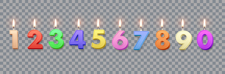 Different color birthday candles with burning flames isolated on transparent background. Vector design elements.