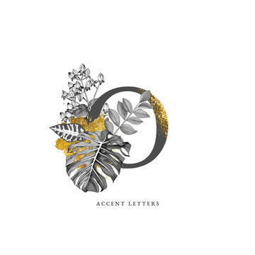 Decorated O letter with hand drawn tropical leaves