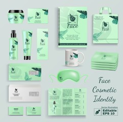 Face Cosmetic Identity Editable Vector Set. Beauty Product Container Kit. Cream Jar Tube Bottle Cup Mug Bag with Company Logotype Design. Natural Organic Cosmetics Packaging Branding