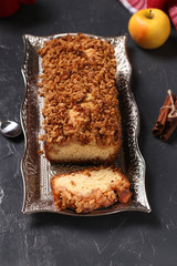 Homemade cupcake with oatmeal, apples and crunchy cereals oatmeal on a metal tray on a dark background, Closeup