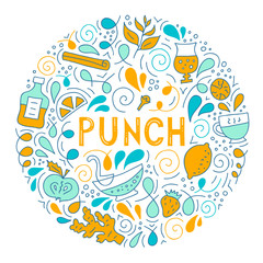 The traditional punch. Poster with beverage ingredients, decorative elements and lettering. Round hand-drawn frame isolated on white background. Colorful vector illustration in doodle style.