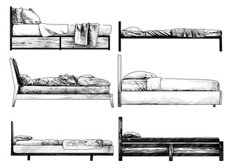 set of beds side view in loft style, sketch vector monochrome graphics isolated on white background