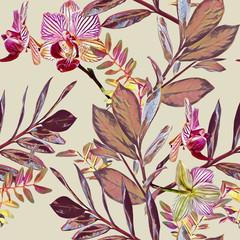 Tropical plants seamless pattern. Watercolor illustration. Artistic background.