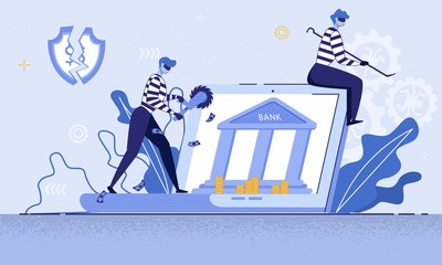 Digital Crimes, Law Breaking Trendy Flat Vector Concept. Criminals in Masks, Robbers with Tools, Hackers Attacking Online Security System, Stealing Money, Robbing Online Bank Account, Illustration