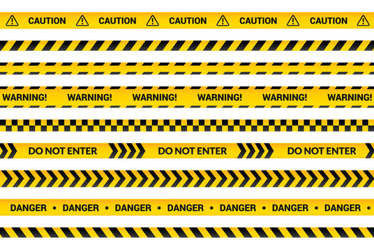 Caution tape set, yellow warning strips, danger symbol, arrows, yellow lines with black text and triangle sign. Flat banner isolated collection with attention message, vector illustration.