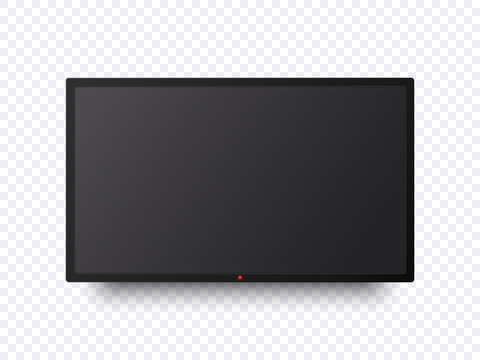 Flat tv screen mockup. Black television display on the transparent wall isolated and with blank screen and shadow. Big computer screen or tv panel. Vector technology illustration.