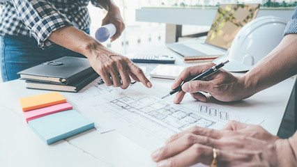 Architect Engineer Design Working on Blueprint Planning Concept. Construction Concept