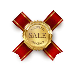 Shiny golden round medallion with red seal ribbon. Sale, discount promotion. Advertising template. Guaranteed sign isolated on white. Seller stamp. Vector illustration
