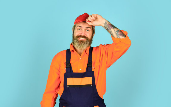 Call master. Renovation concept. Man skillful worker. Laborer. Repairman experienced worker. Help services. Handsome construction worker. Fixing broken technics at home. Electrician plumber handyman