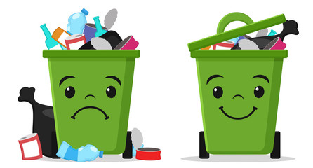 Two emotions garbage cans, littered with garbage and folded on a white.