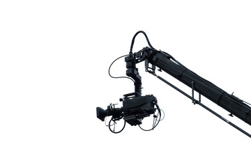 TV camera on a crane, isolated in white. On football match or concert