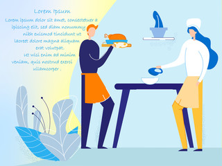 Man and Woman Characters in Chef Uniform and Toque Cooking on Kitchen. People Prepare Dishes at Home Interior with Desk, Girl Work with Mixer, Guy Hold Chicken Cartoon Flat Vector Illustration, Banner