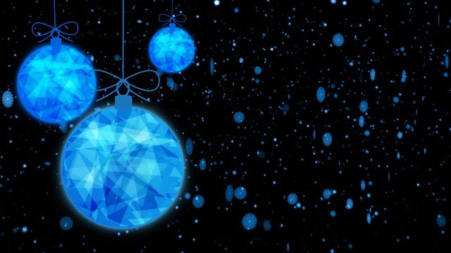 Easy swaying of Christmas blue balls. New Year polygonal balls. Snowfall. Dark blue background