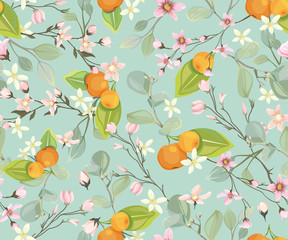Seamless pattern with blooming sakura and tangerines