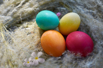 Easter eggs and flowers are laid on a light yellow grass.