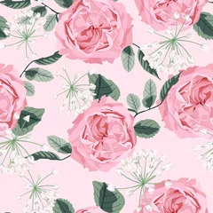 Gordijnen Floral seamless pattern with watercolor style pink roses and  blooming white herbs. Background with bouquets of hand-drawn  flowers with leaves. © Iuliia