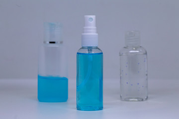 Alcohol gel bottle for washing or cleaning hands. Different bottle shape of alcohol gel or spray for cleaning hand.