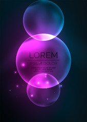 Glowing neon shiny transparent bubbles, glass circles or bio cell concept. Techno futuristic vector abstract background For Wallpaper, Banner, Background, Card, Book Illustration, landing page