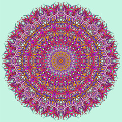 Abstract radial decoration for shawl or carpet. Vintage circular pattern, ornamental floral mandala in purple and crimson colors. Adornment for meditation classes.