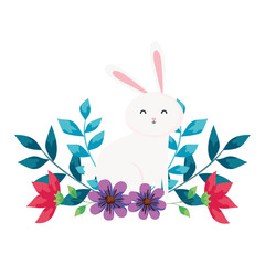cute rabbit animal with flowers decoration vector illustration designicon