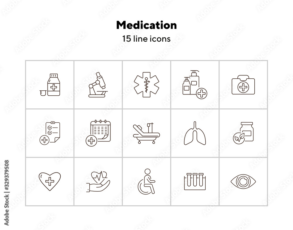 Sticker Medication icons. Set of line icons. Medical cross, drug, first aid kit. Inpatient examination concept. Vector illustration can be used for topics like medicine, healthcare, hospital