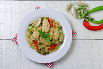 Green Curry Fried Rice with Chicken ,Top view
