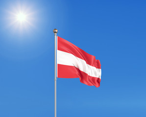Fototapeta na wymiar 3D illustration. Colored waving flag of Austria on sunny blue sky background.