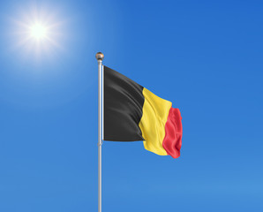 3D illustration. Colored waving flag of Belgium on sunny blue sky background.