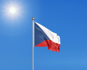 Fototapeta na wymiar 3D illustration. Colored waving flag of Czech Republic on sunny blue sky background.