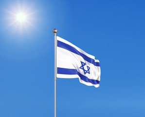 3D illustration. Colored waving flag of Israel on sunny blue sky background.