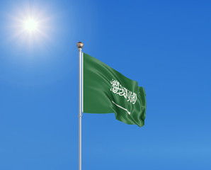 3D illustration. Colored waving flag of Saudi Arabia on sunny blue sky background.