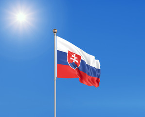 3D illustration. Colored waving flag of Slovakia on sunny blue sky background.