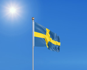 3D illustration. Colored waving flag of Sweden on sunny blue sky background.