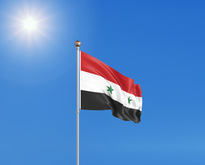 3D illustration. Colored waving flag of Syria on sunny blue sky background.
