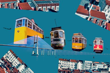 Modern art collage with a bridge and trams from Lisbon.