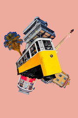 Modern art collage with a tram and things that can be seen in Lisbon.
