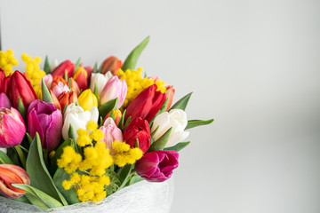 Spring flowers banner - bunch of multi color tulips flowers on white, grey background. Easter day mock up greeting card. Tulip Congratulation or Invitation card with free space for text.
