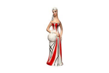 A porcelain figurine in the shape of a woman dressed in a long colorful dress holding a basket,...