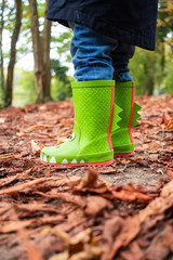 a child's novelty green wellies or wellington boots standing on autumn leaves