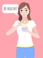 Pretty brunette woman hold cupcake in hands. Healthy and tasty food with probiotics and natural products. Diet cake, person eat pastry. Lady smiling and posing. Vector illustration in flat style